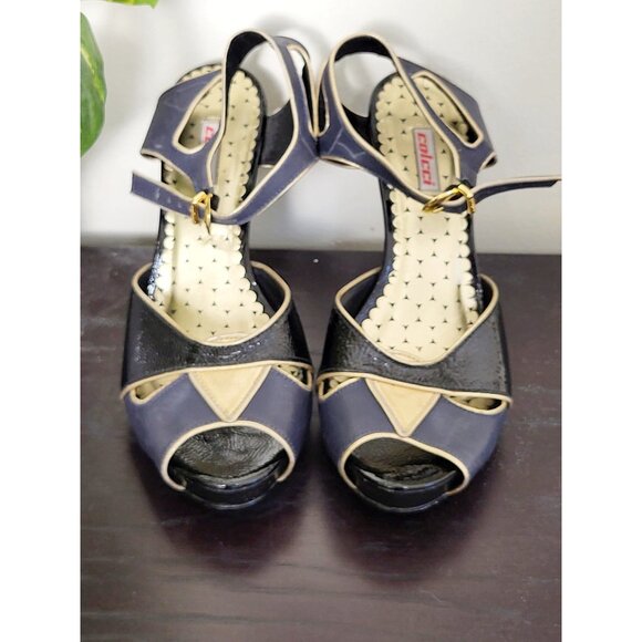 Colcci Black & Navy Peep Toe Leather Heels with Gold Trim Size 7 - Picture 2 of 8